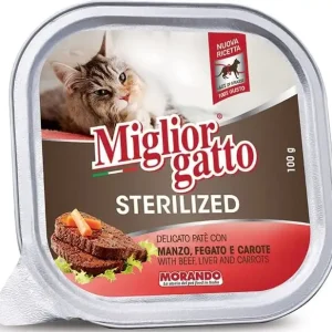 MIGLIORGATTO STERILIZZATO MANZO, FEGATO E CAROTE GR.100