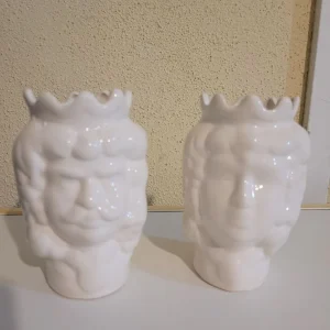 Coppia Teste di Moro Ceramica Siciliana Agrigento Maschio e Femmina BIANCO Testa di Moro h12